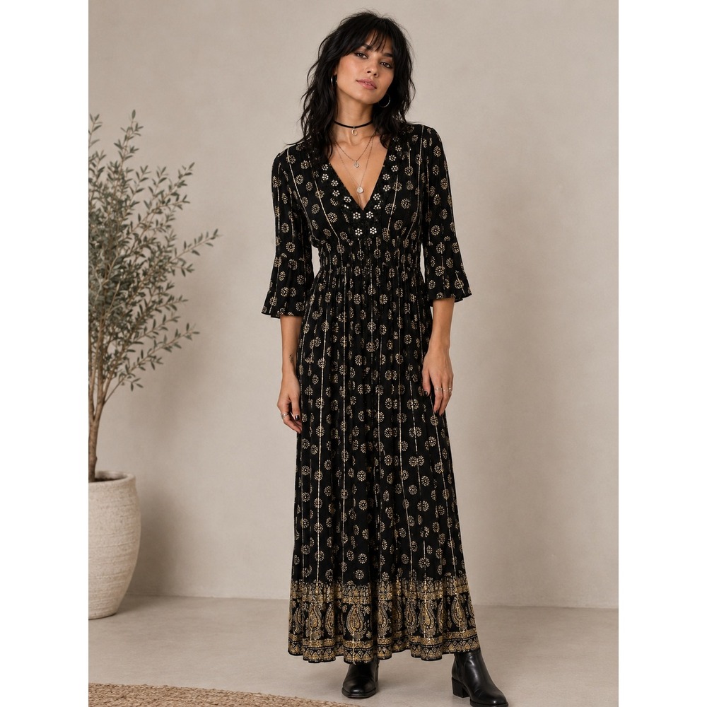 Me 2 Magic Maxi Dress Womens M Black Gold Boho Gypsy Folk Glam Festival